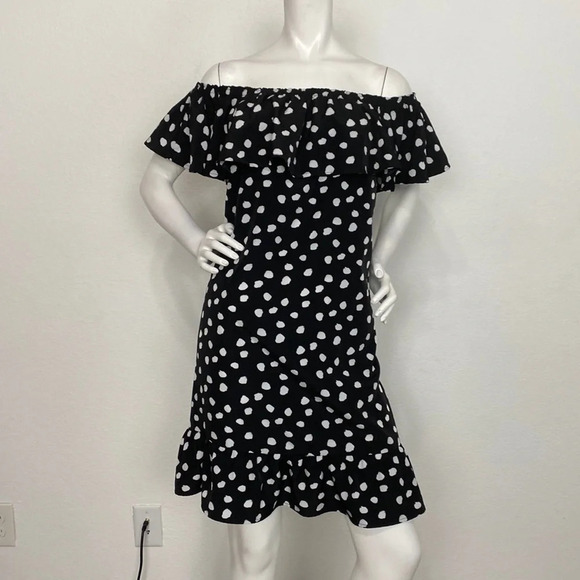 Merona Black White Polka Dot Print Ruffle Off The Shoulder Swing Dress Size L - Picture 3 of 9